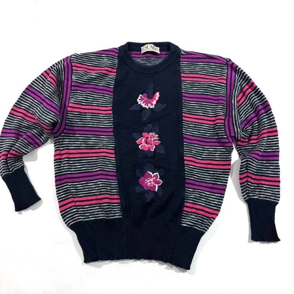 Escada Vintage Grandma Sweater Blue Embroidered Floral Stripes